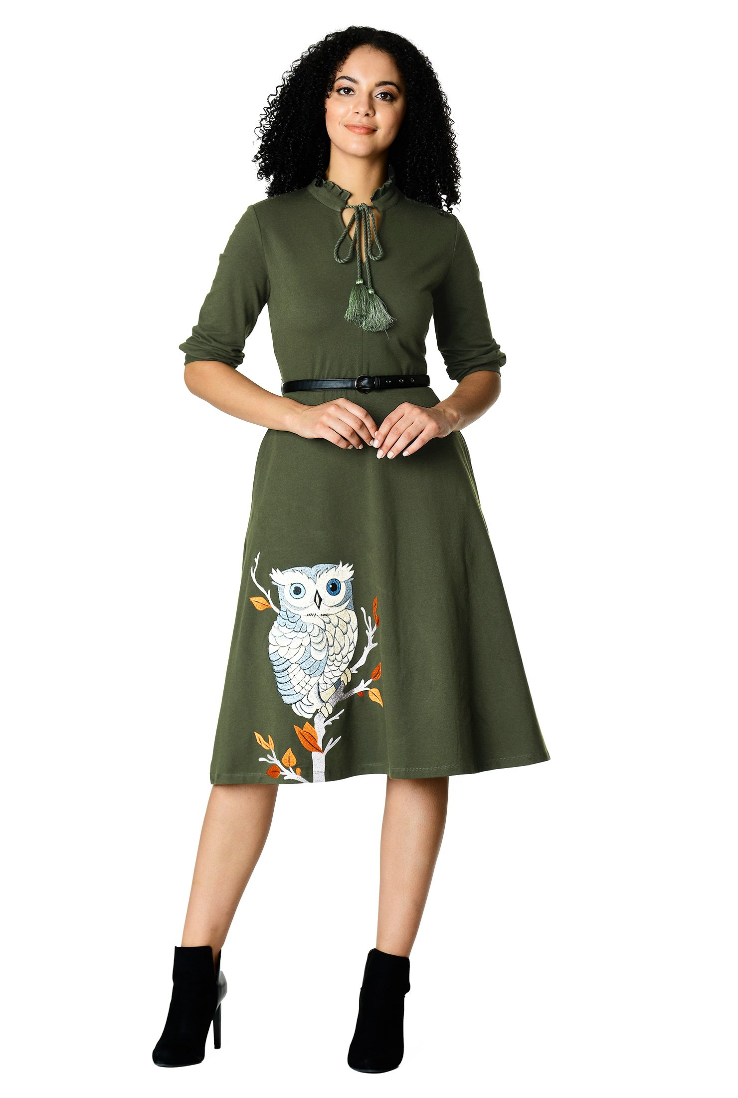 Shop Embellished owl cotton knit belted dress | eShakti