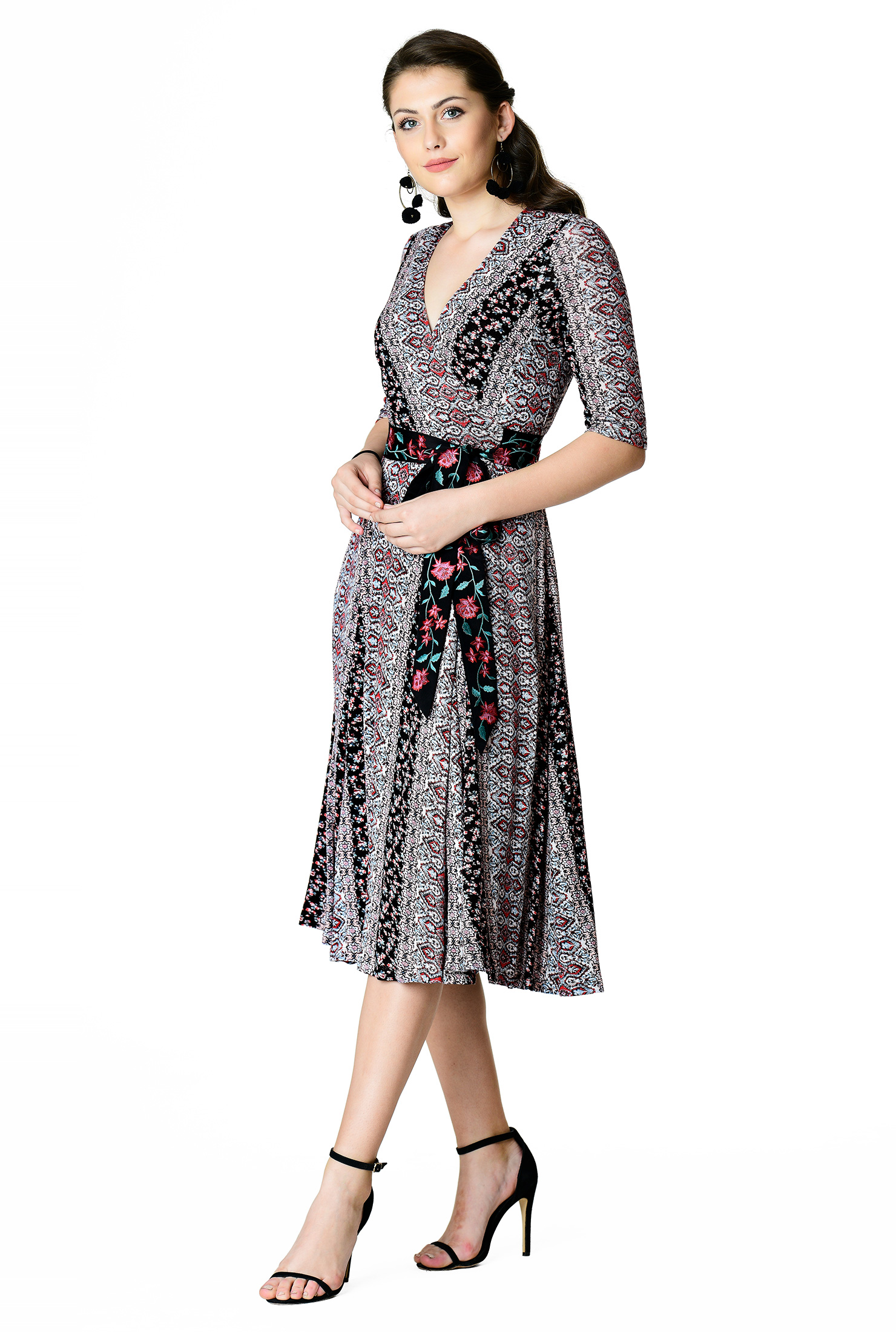 Shop Floral embellished graphic print knit wrap dress eShakti
