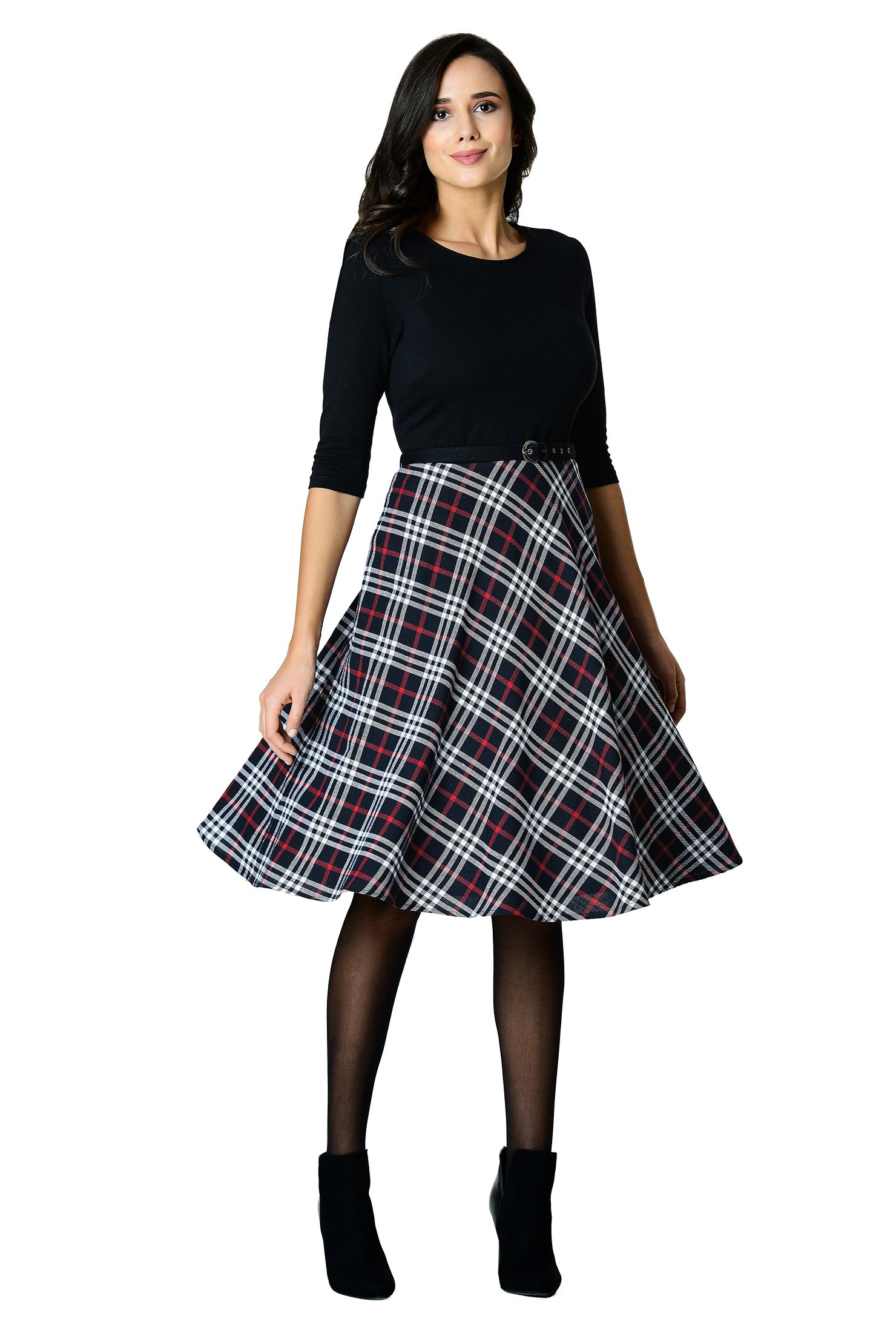 Shop Cotton plaid and cotton knit belted dress | eShakti