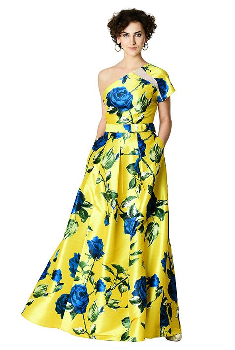 Shop One-shoulder rose print dupioni maxi dress | eShakti
