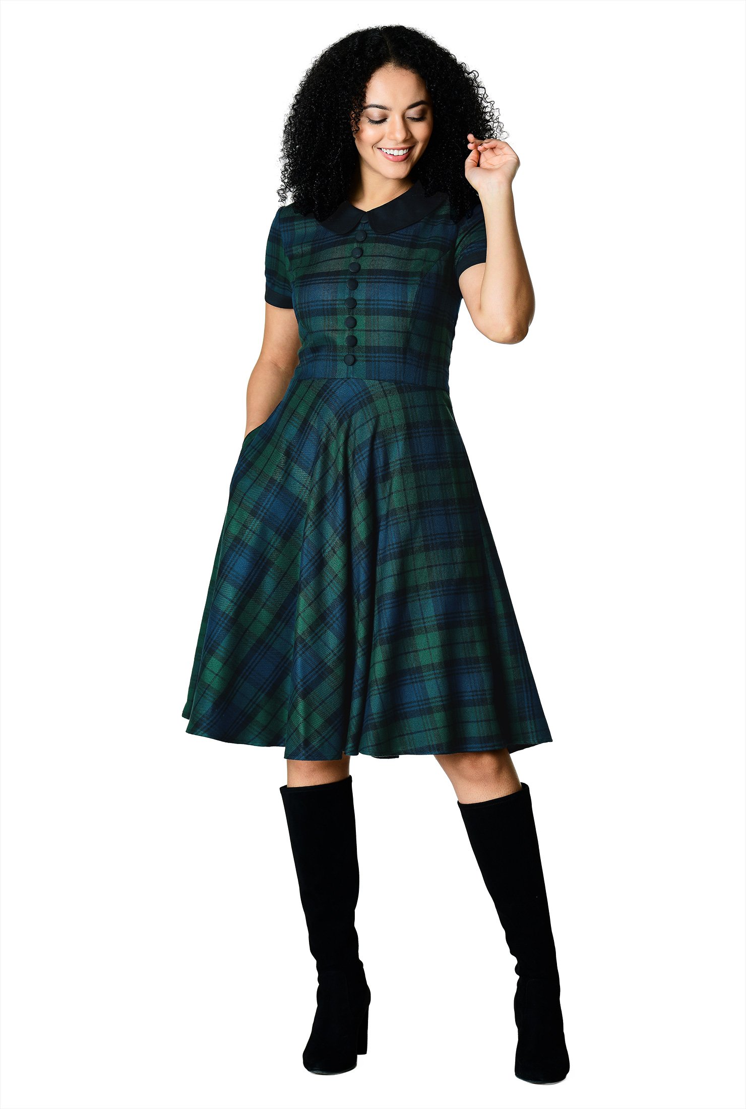 Shop Contrast collar twill plaid dress | eShakti