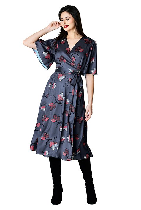 Shop Flutter sleeve floral print crepe wrap dress | eShakti