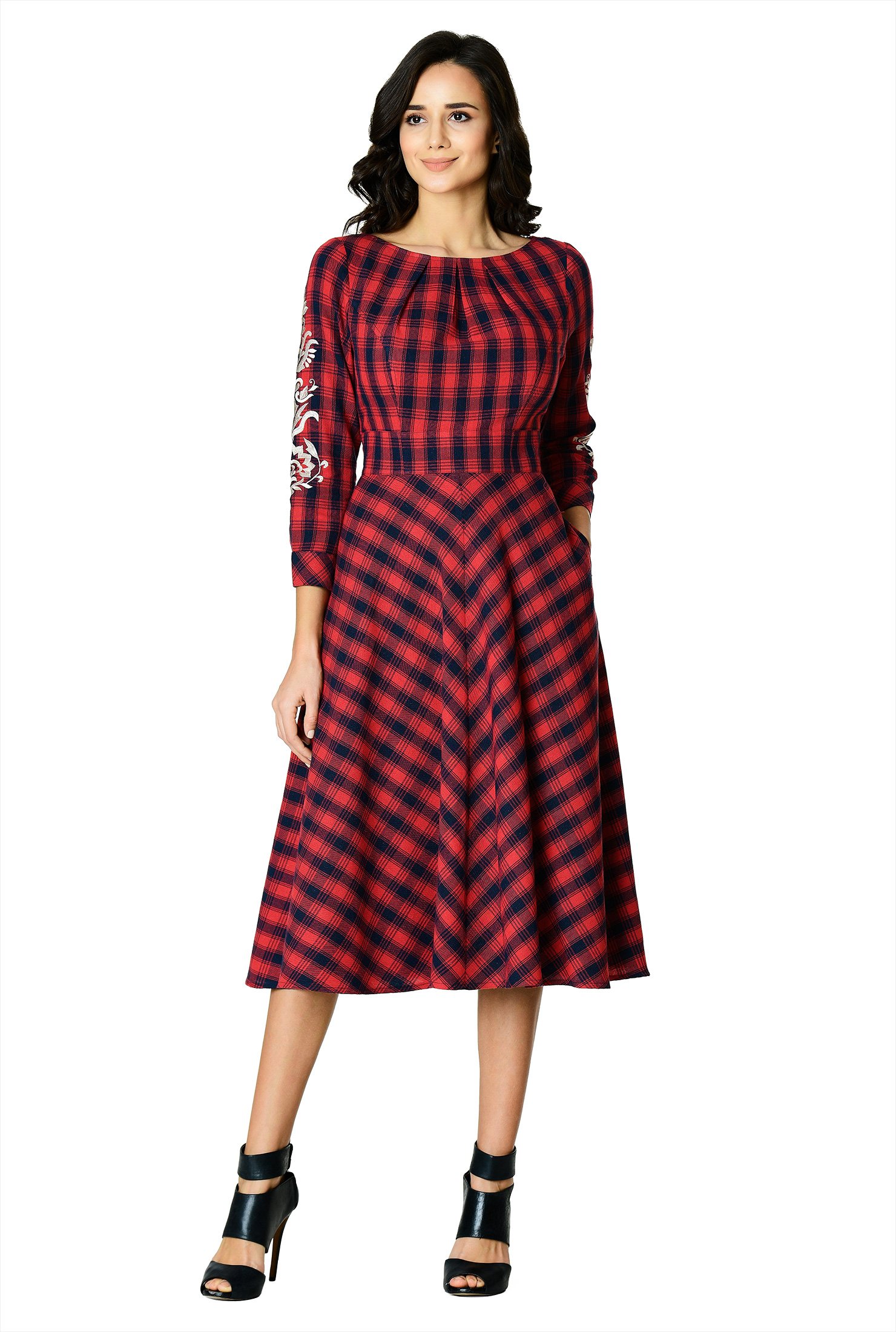 Shop Embellished cotton twill check dress | eShakti