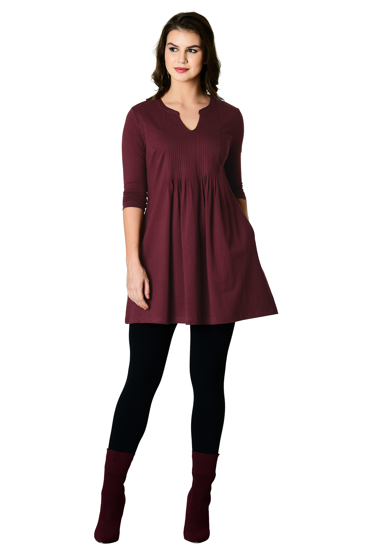 Shop Pintuck pleat cotton knit tunic top eShakti