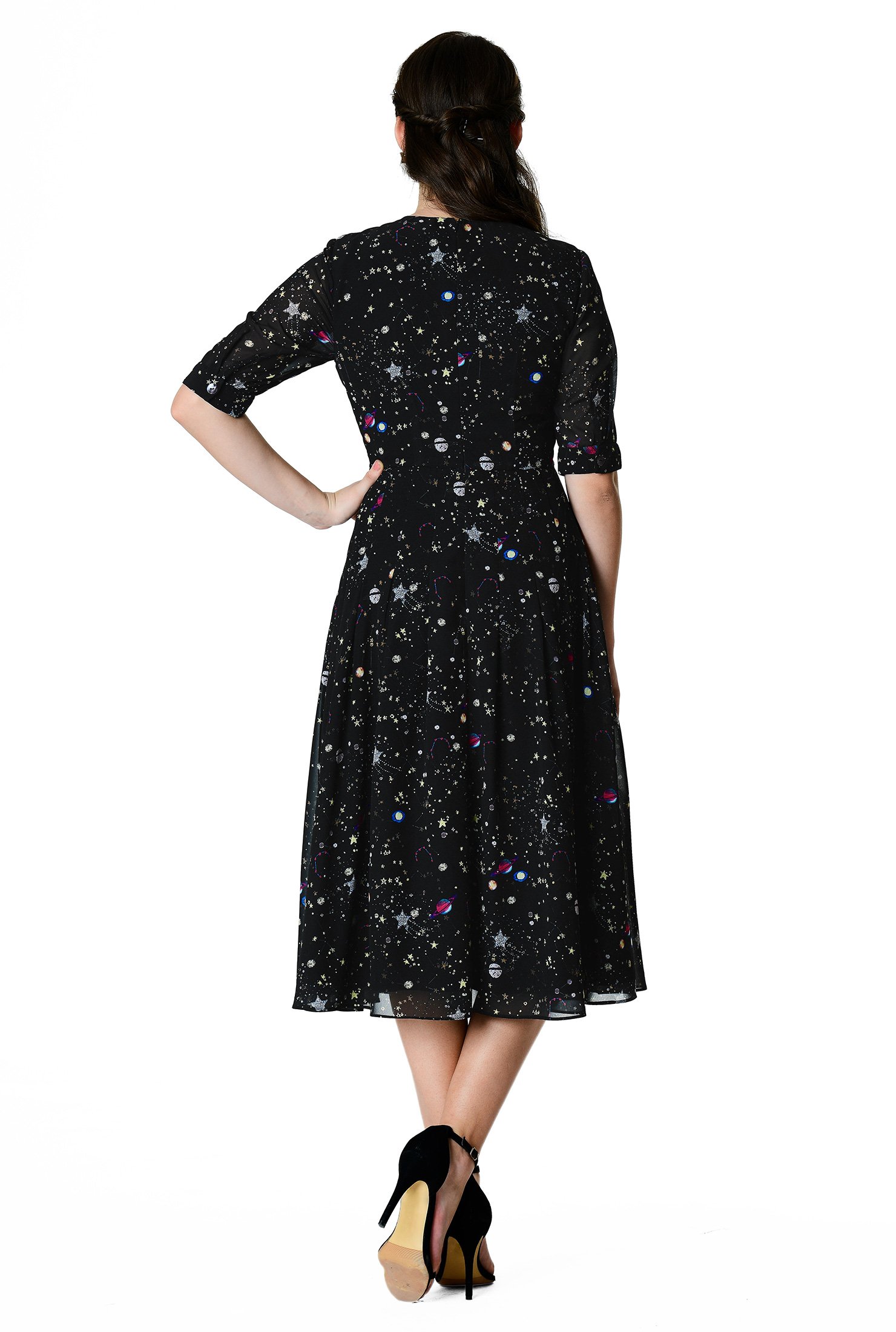 Shop Constellation print pleated georgette dress | eShakti
