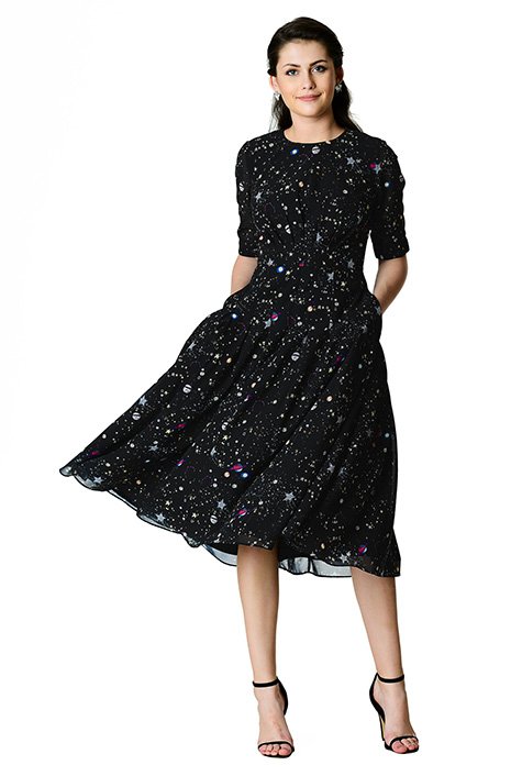 Constellation print pleated georgette dress