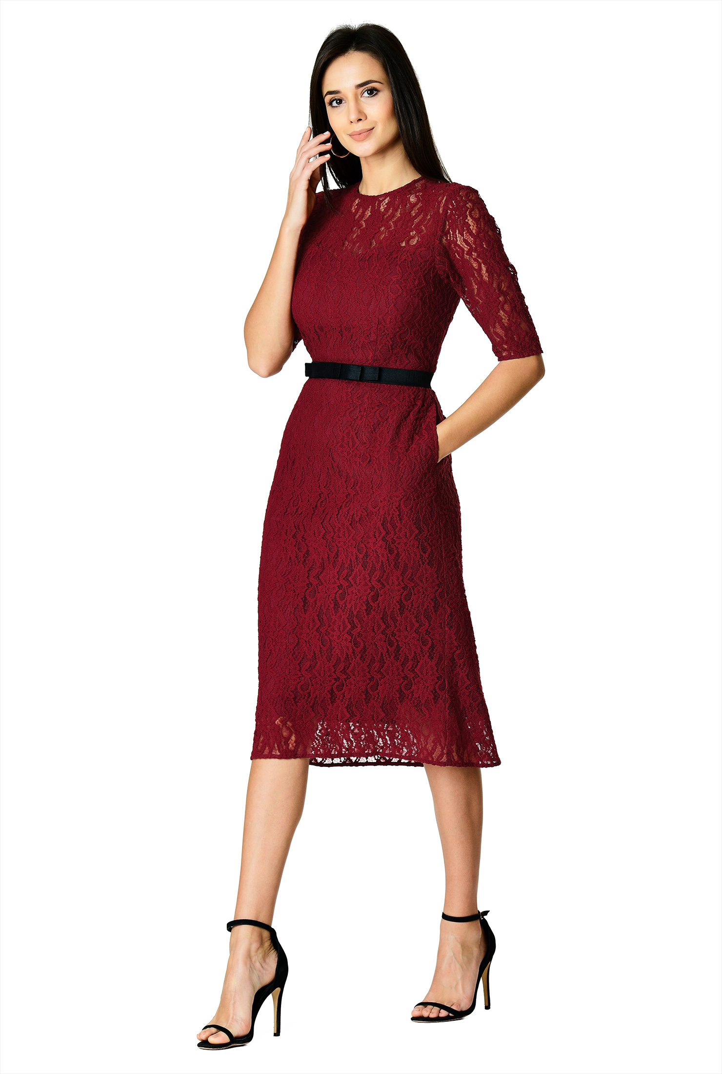 Shop Floral lace bow belt sheath dress eShakti
