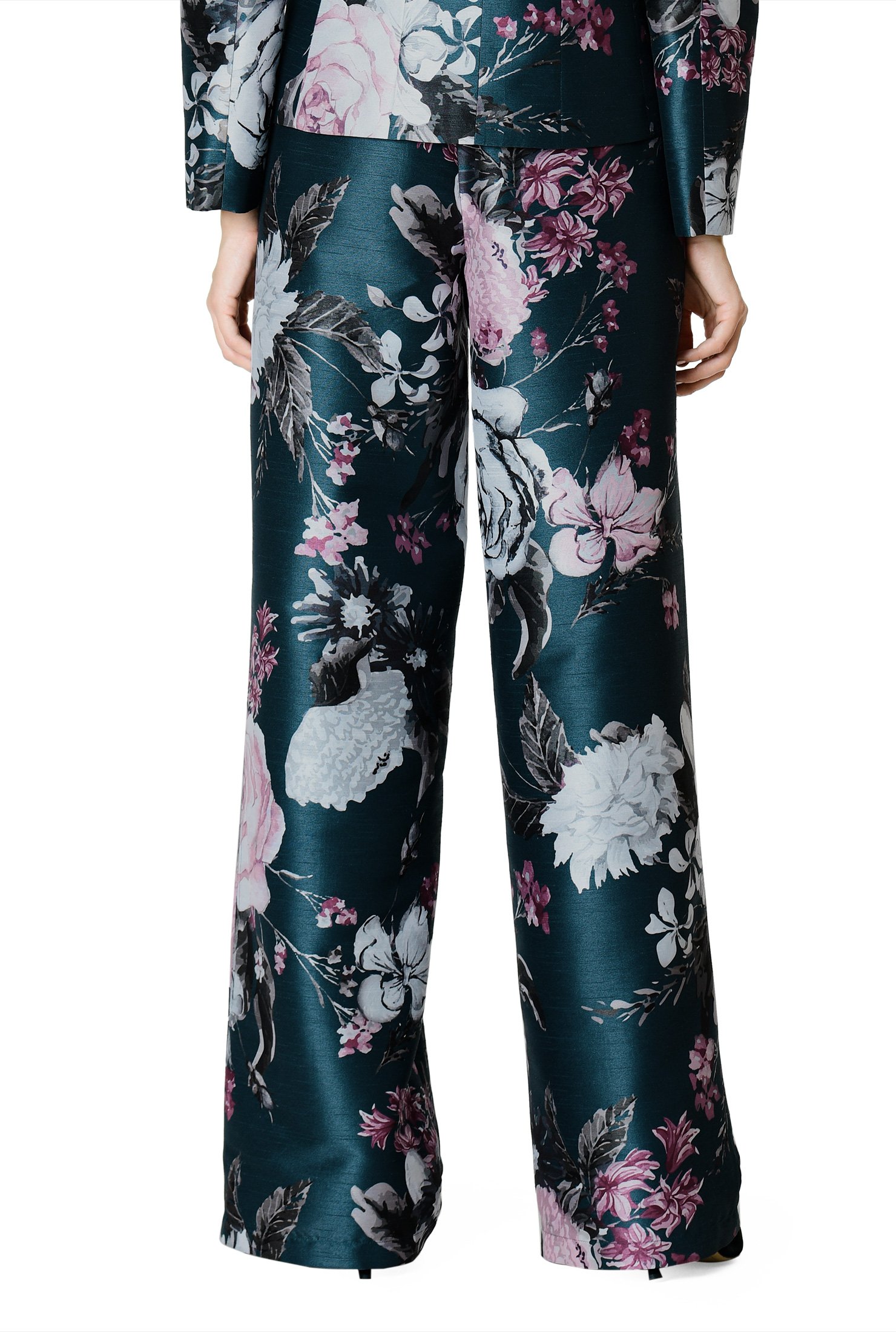 Shop Wide-leg floral print dupioni belted pants | eShakti