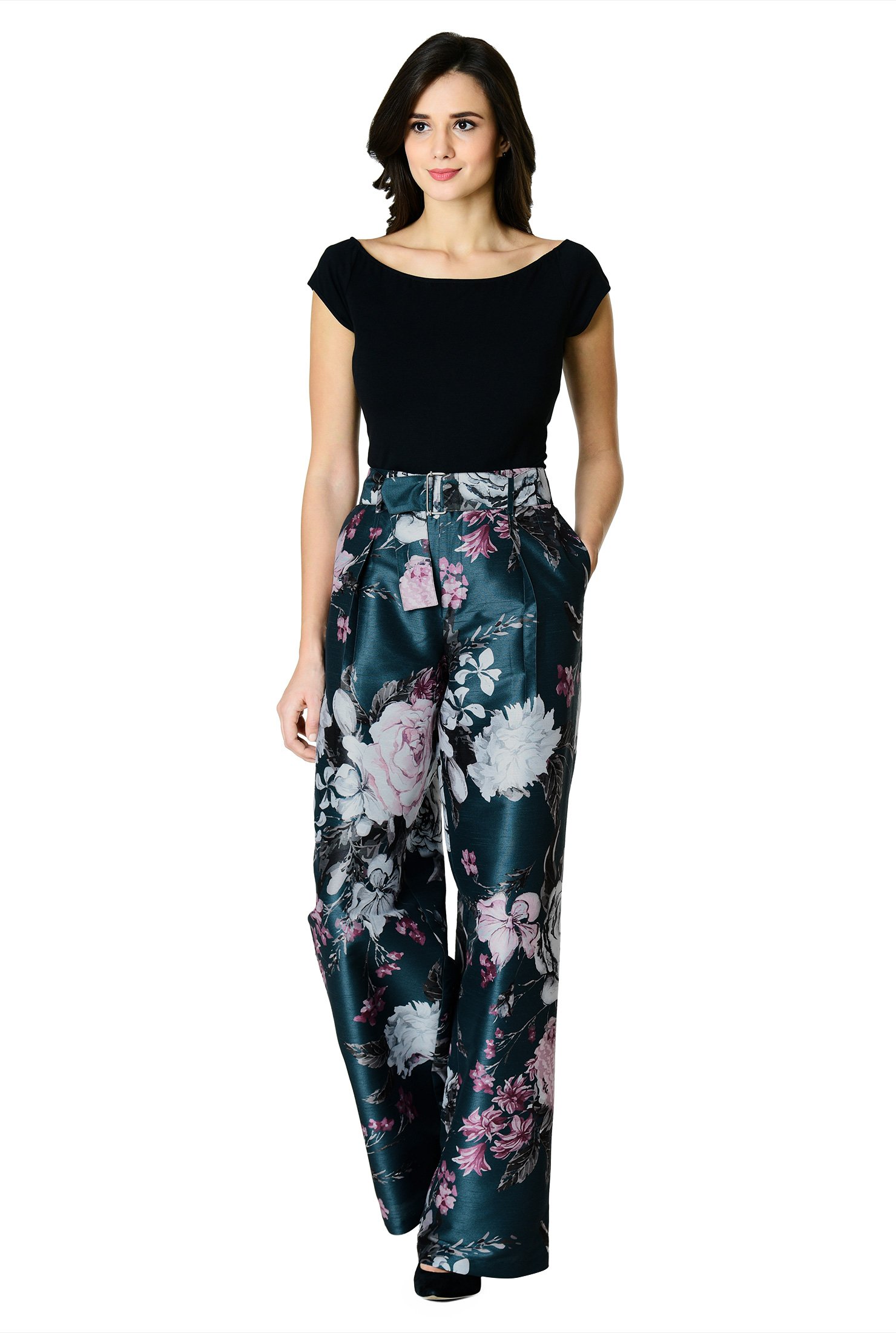 Shop Wide-leg floral print dupioni belted pants | eShakti