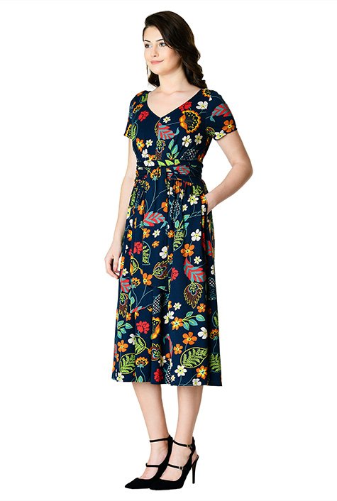 Shop Floral print cotton knit obi belt dress | eShakti
