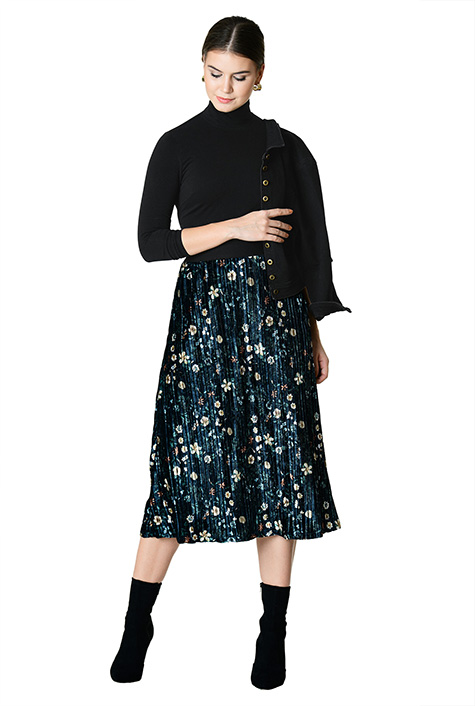 Shop Floral print pleat velvet midi skirt eShakti