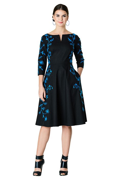 Shop Floral vine wool embellished poplin dress | eShakti