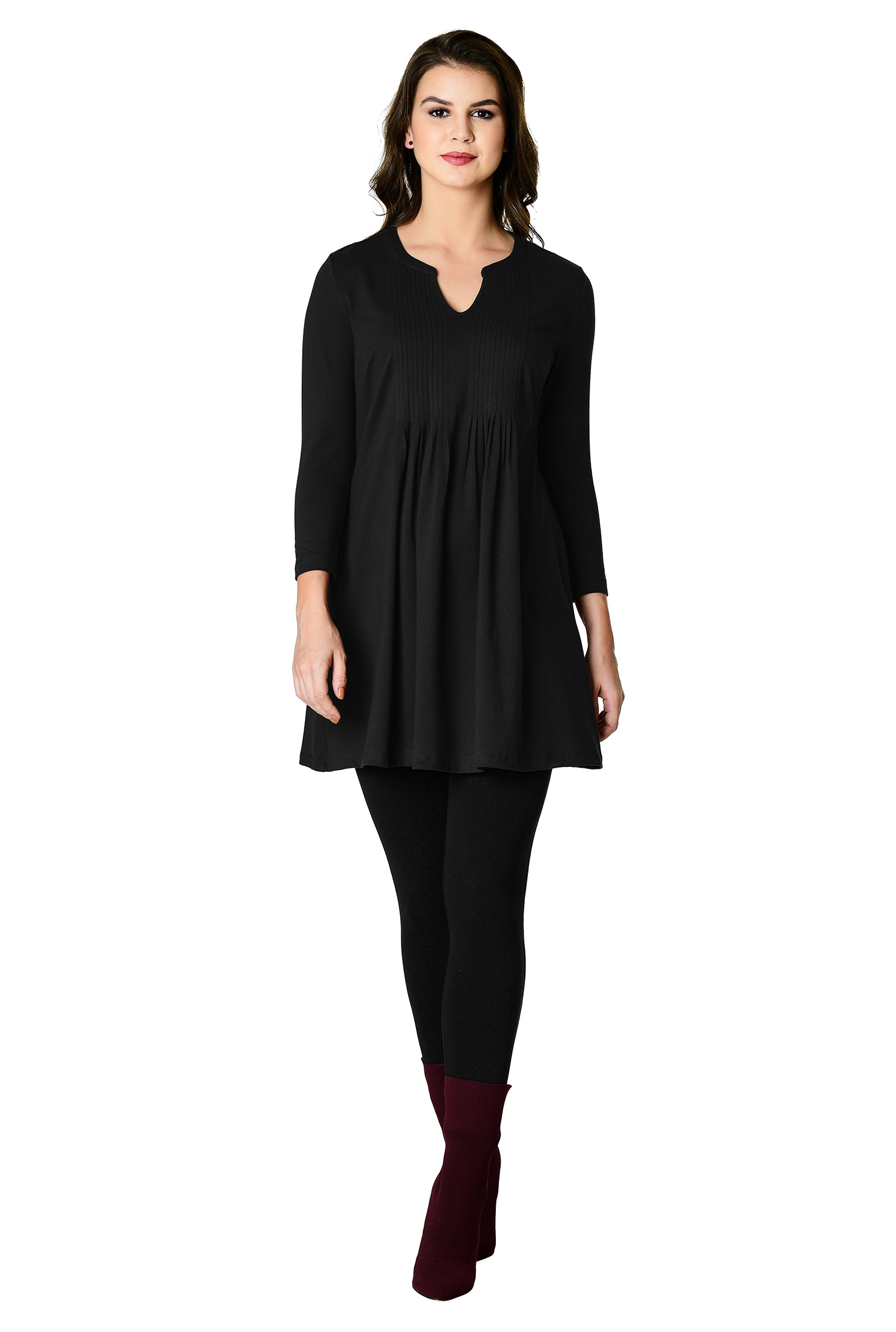 Shop Pintuck pleat cotton knit tunic top eShakti