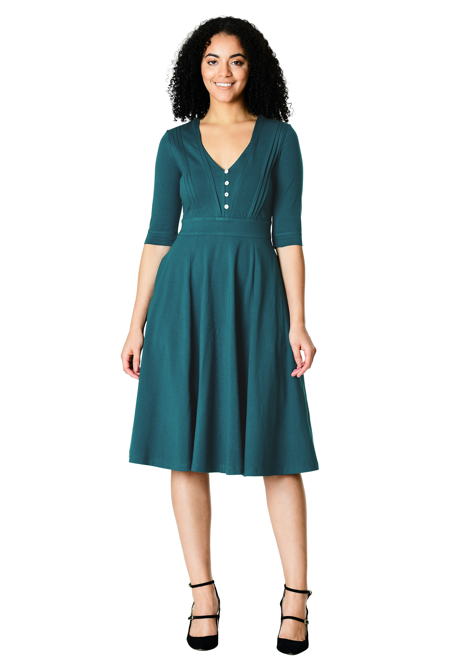 Shop Pintuck pleat bibfront cotton knit dress eShakti