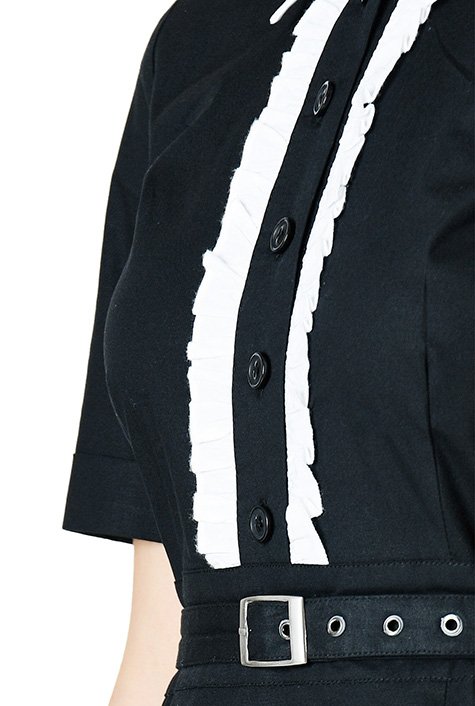 Contrast collar ruffle poplin belted shirtdress