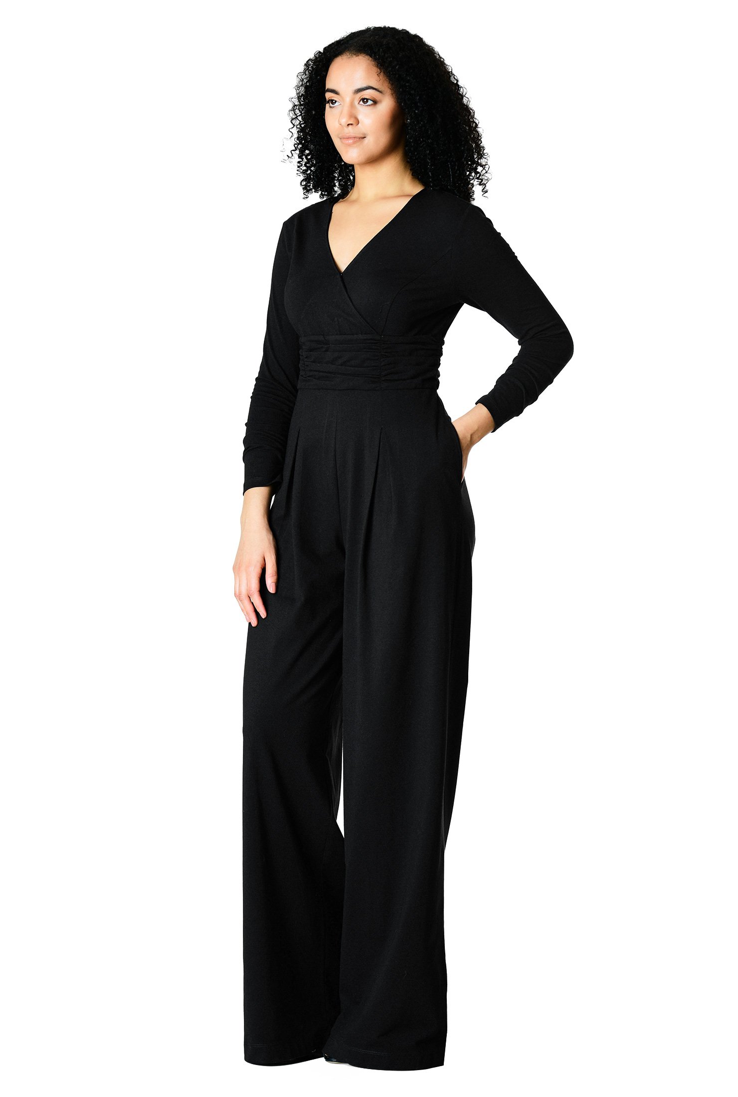 Shop Pleat waist surplice cotton knit jumpsuit | eShakti