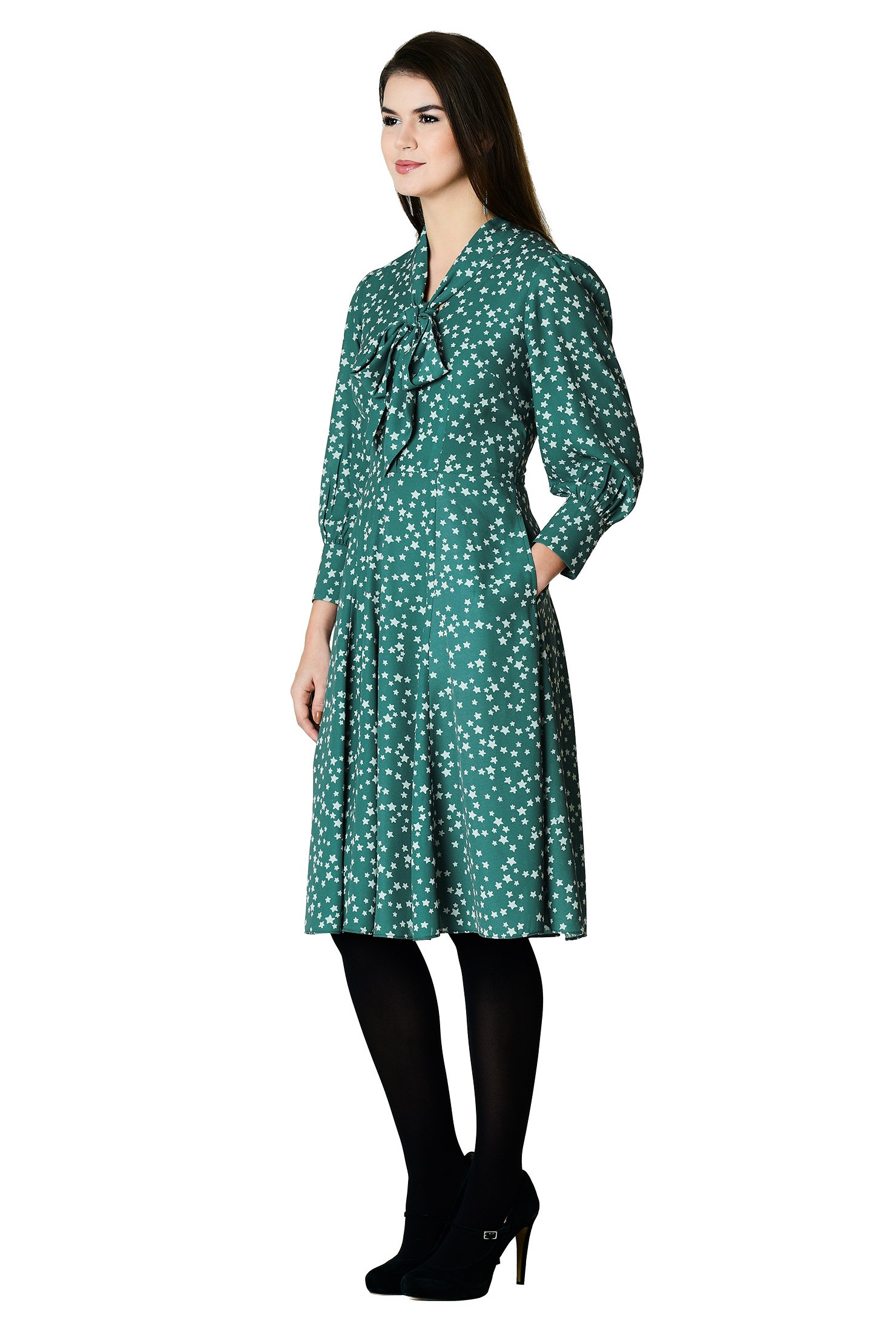 Shop Tie-neck star print crepe shirtdress | eShakti