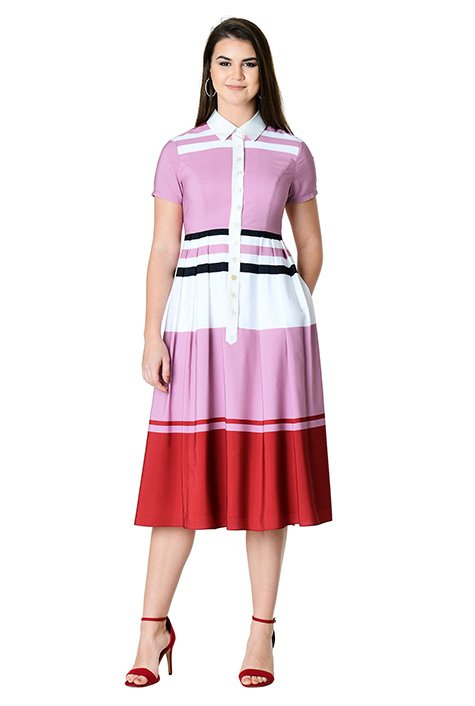 Coordinating trim highlights the collar and front placket of our flattering stripe print shirtdress styled with a pleated skirt for a full twirl.
