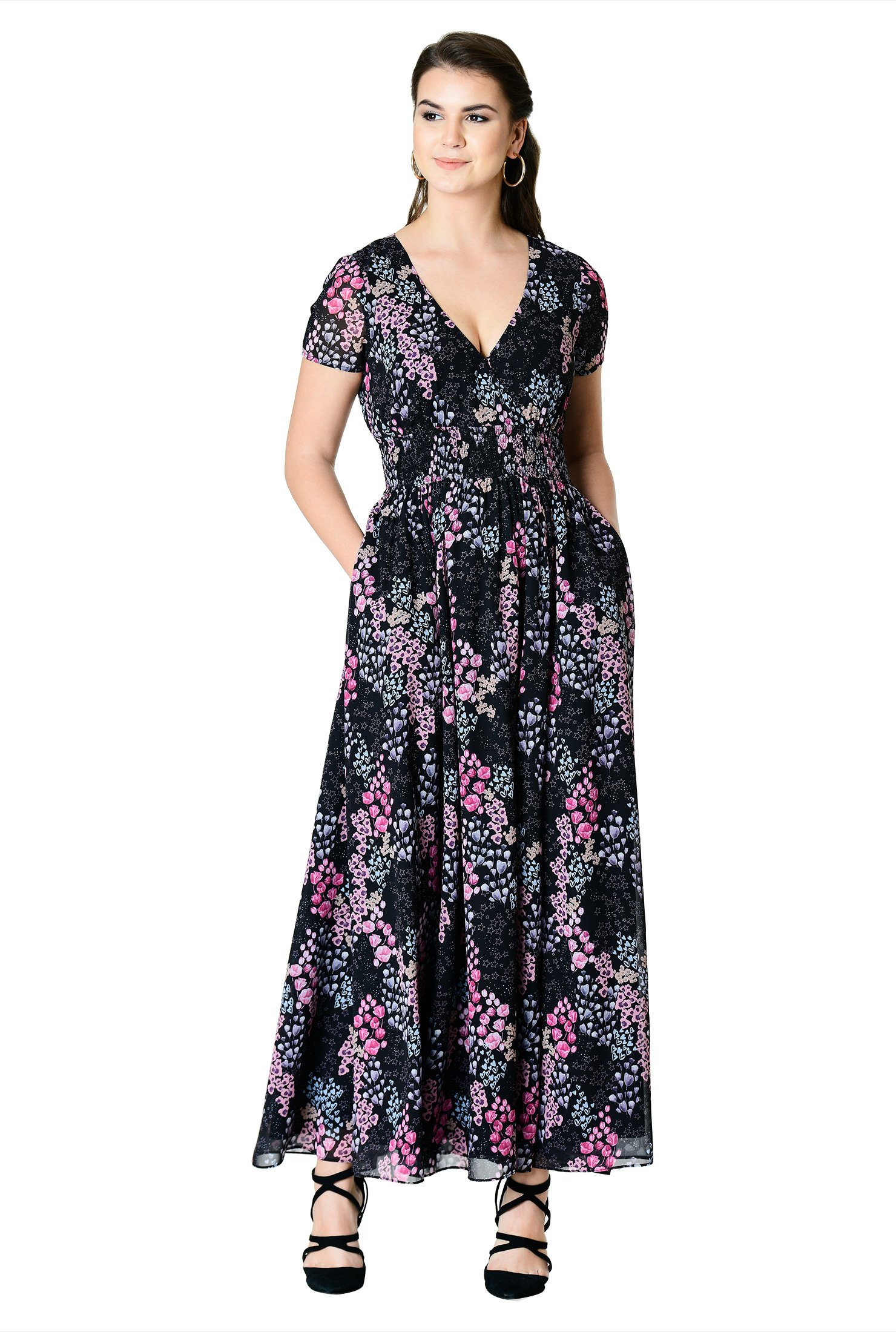 Shop Floral print georgette smocked waist maxi dress | eShakti