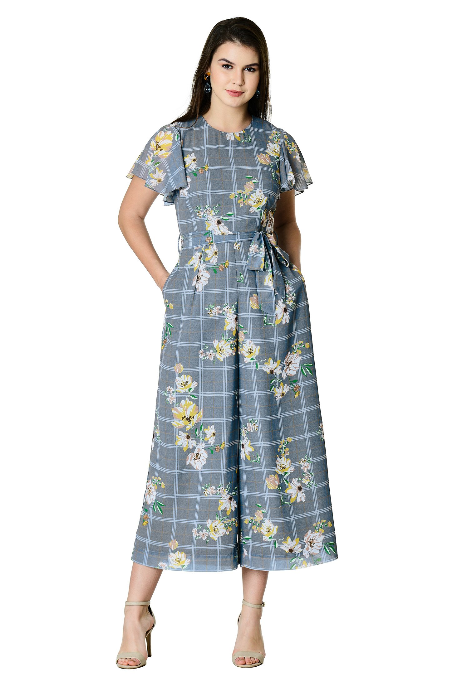Shop Flutter sleeve check floral print georgette jumpsuit | eShakti