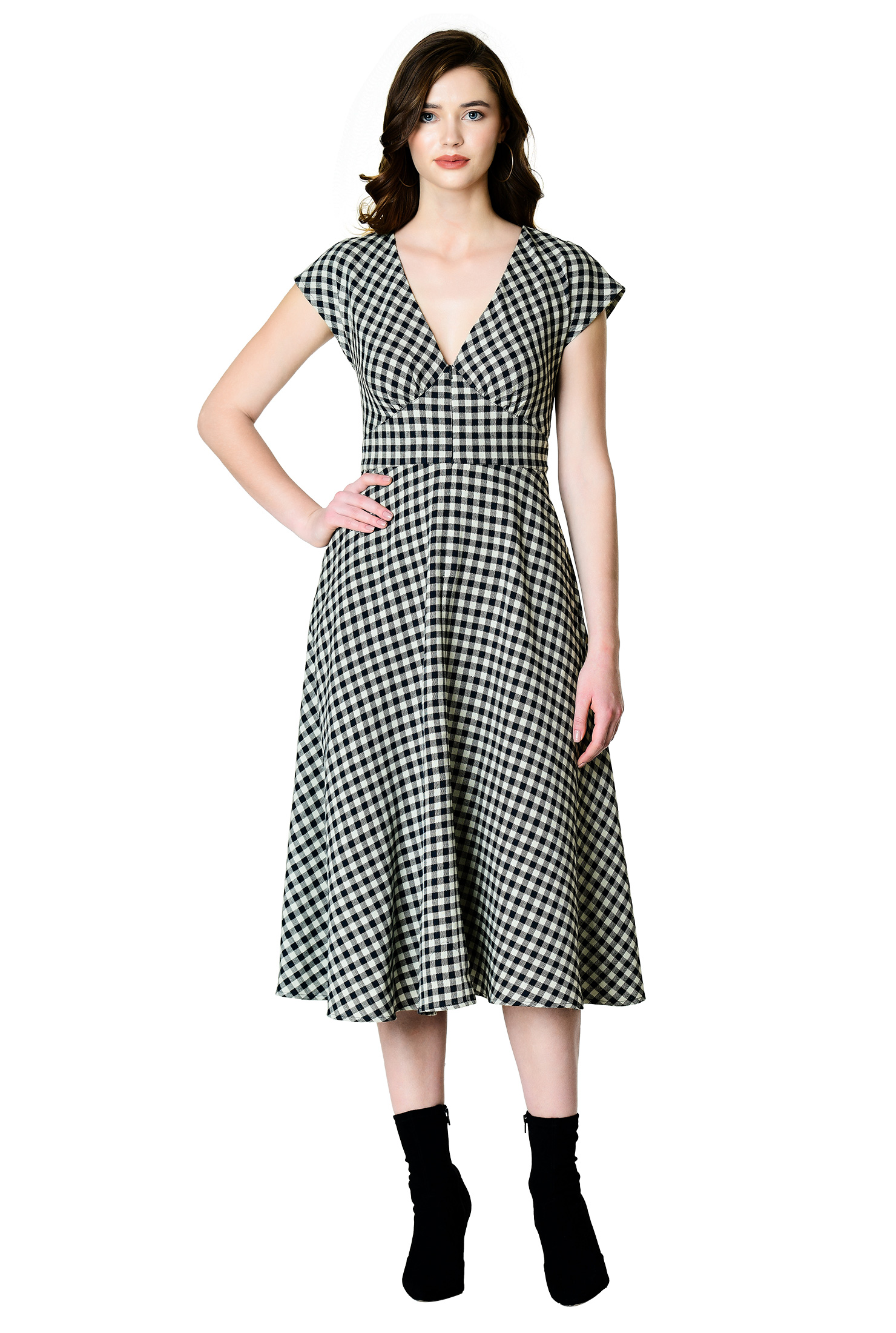 Shop Plunge gingham check cotton midi dress eShakti