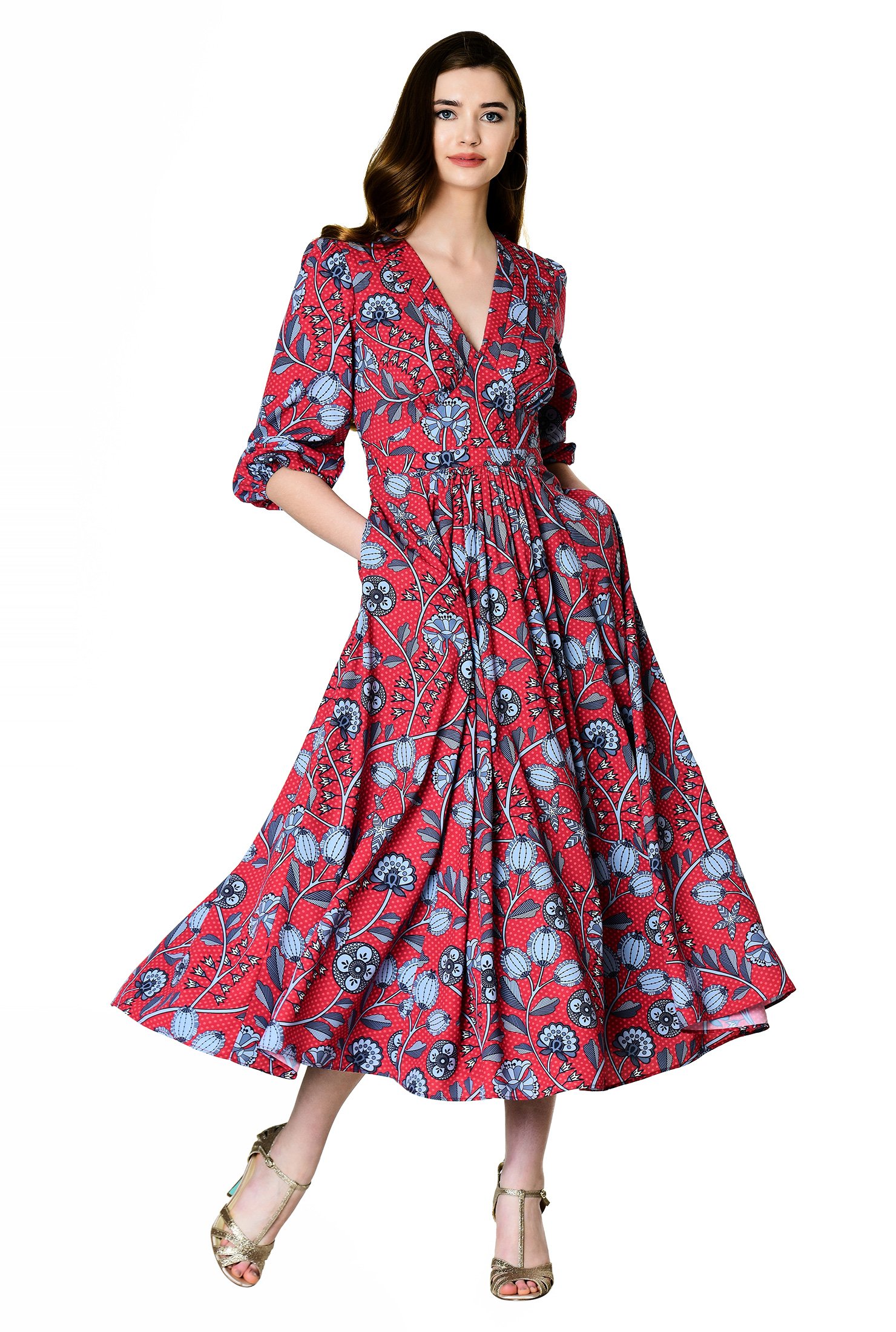 Shop Floral dot print crepe banded empire maxi dress | eShakti