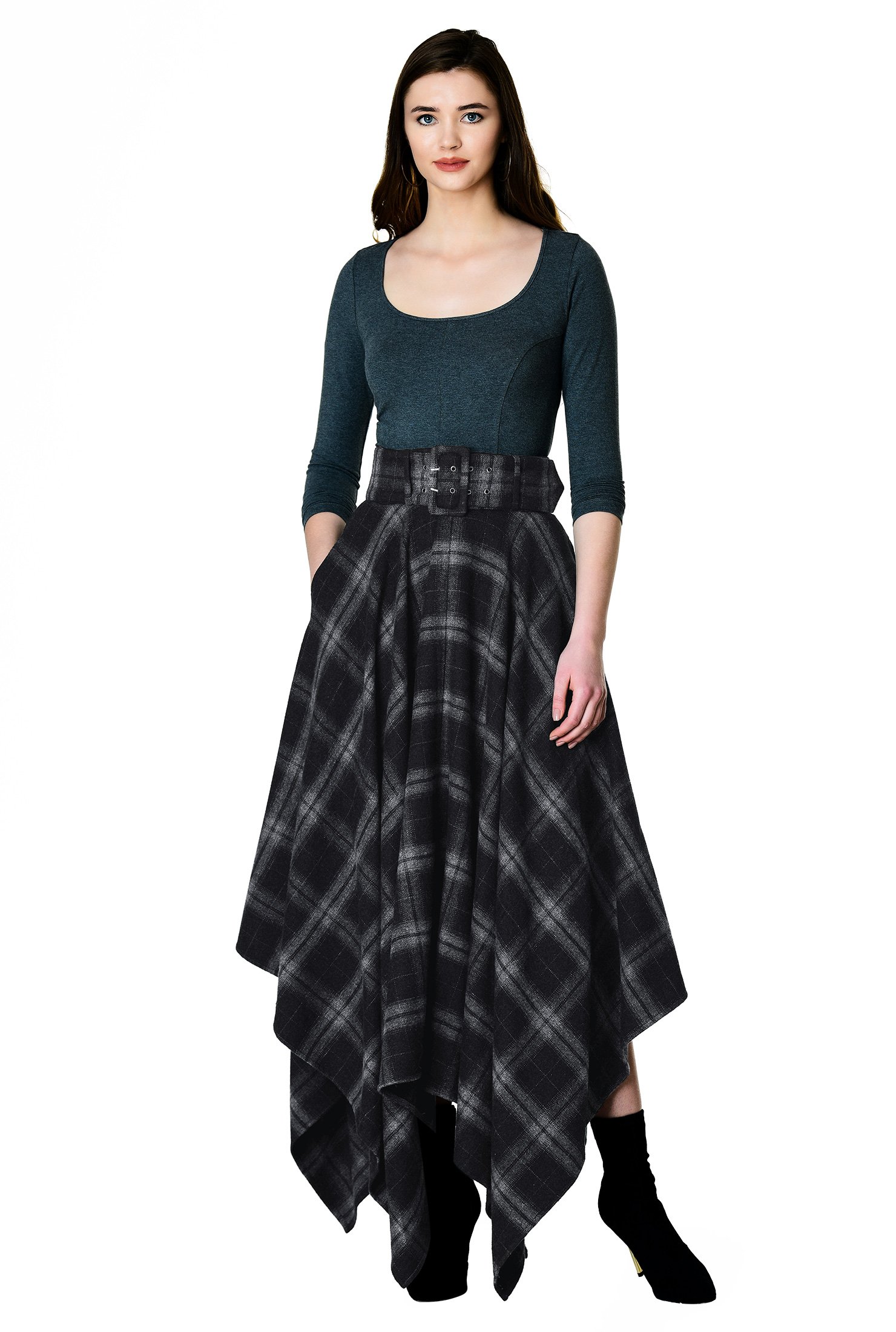 Shop Handkerchief hem cotton plaid wide belt skirt | eShakti