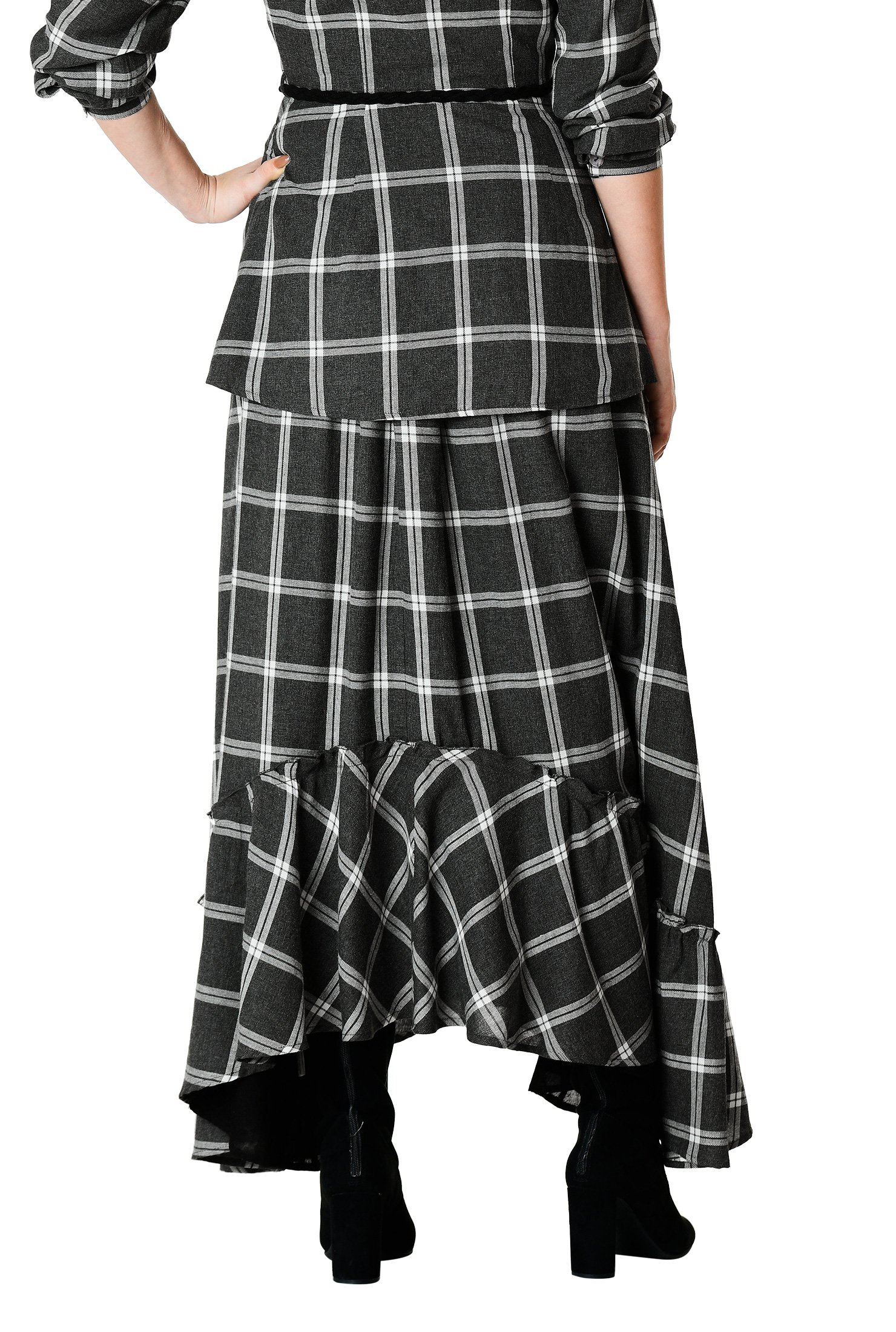 Shop Ruffle high-low hem cotton check maxi skirt | eShakti