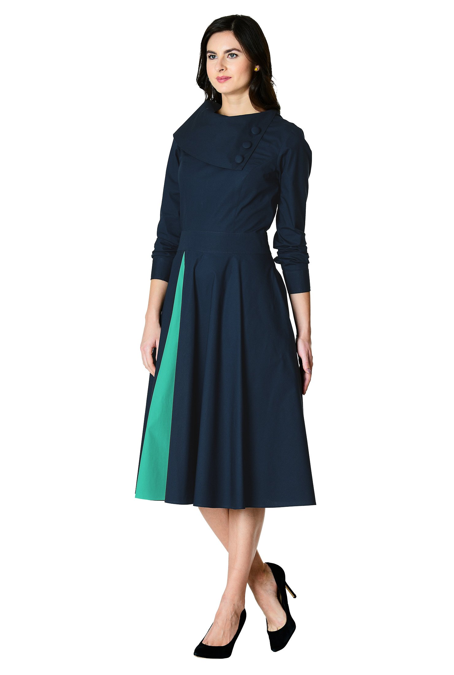 Shop Asymmetric collar colorblock cotton poplin dress | eShakti