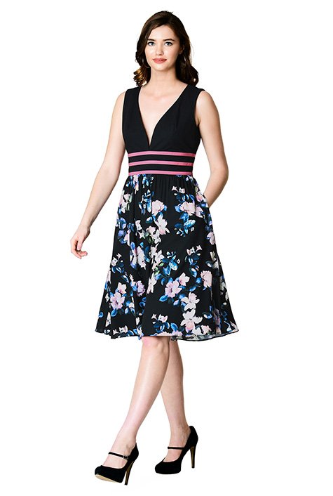Shop Plunge contrast trim poplin and floral print crepe dress | eShakti