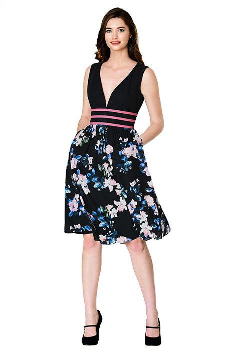 Shop Plunge contrast trim poplin and floral print crepe dress | eShakti