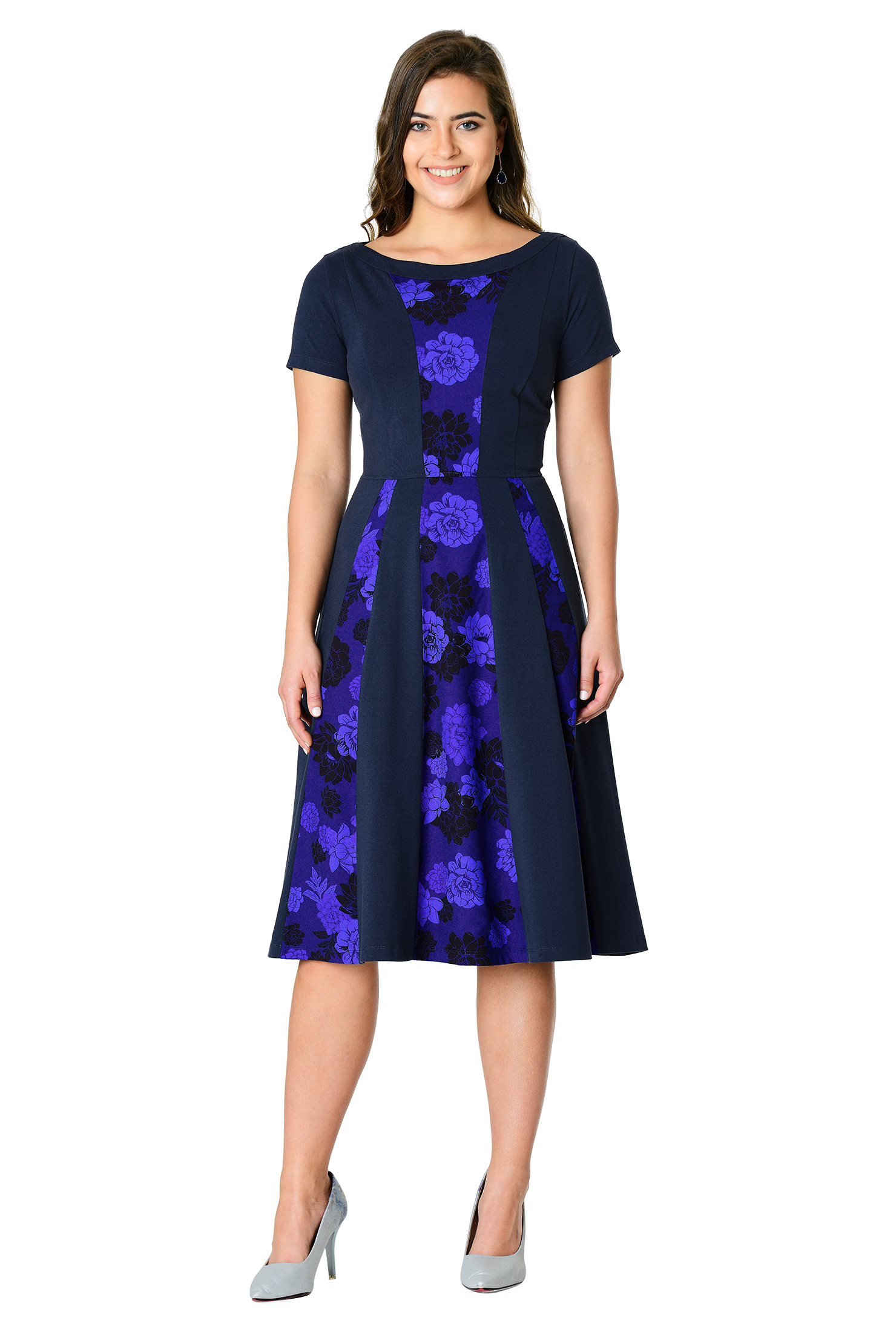 Shop Floral print crepe inset cotton knit dress eShakti