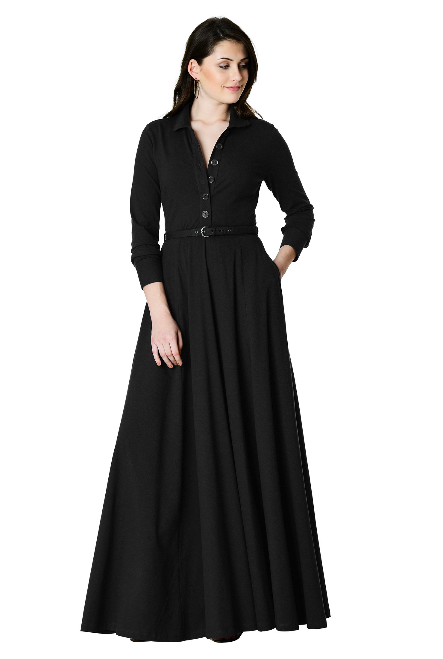 Shop Cotton Knit Belted Maxi Shirtdress Eshakti 2362