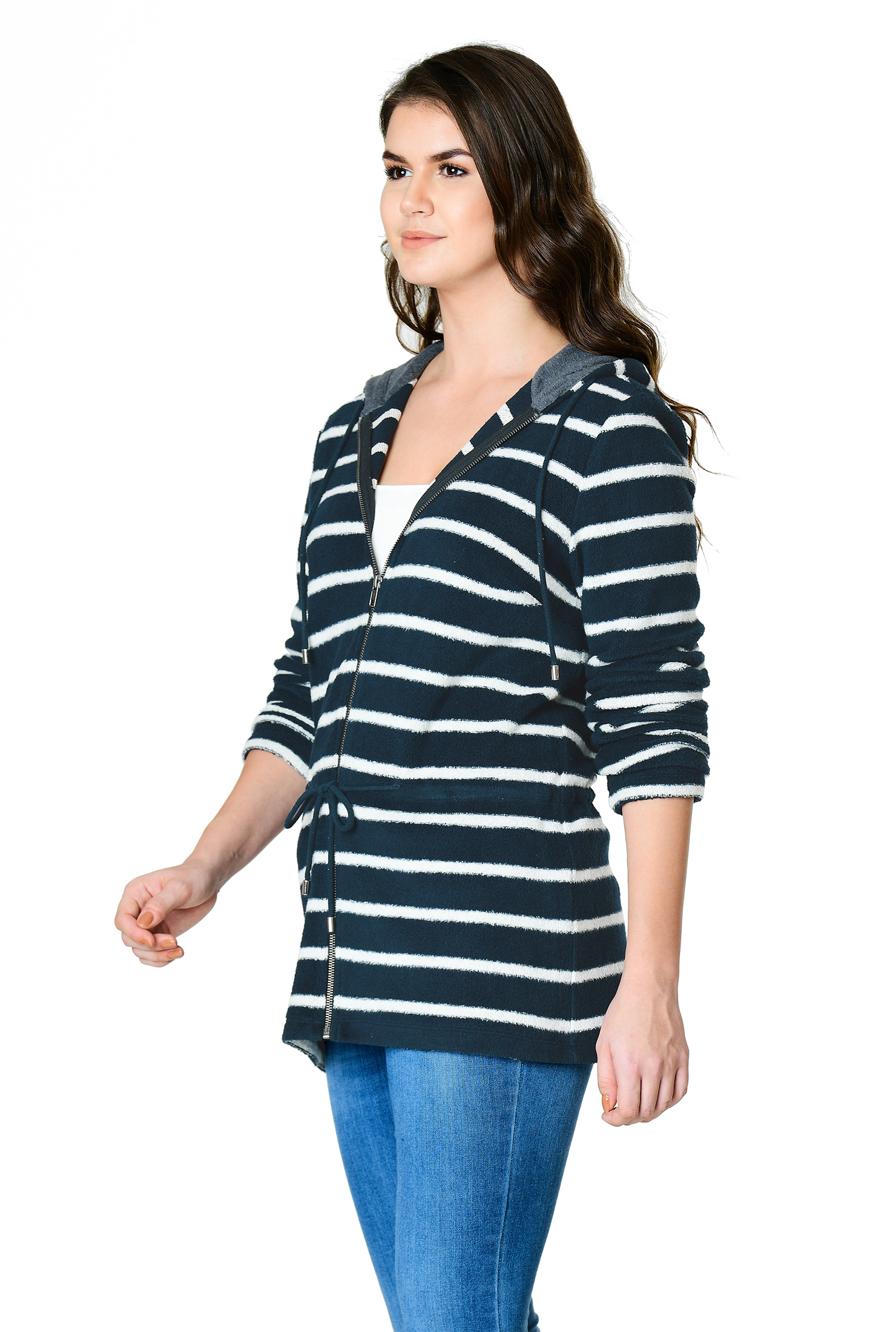 Shop Stripe fleece knit drawstring waist hoodie top | eShakti