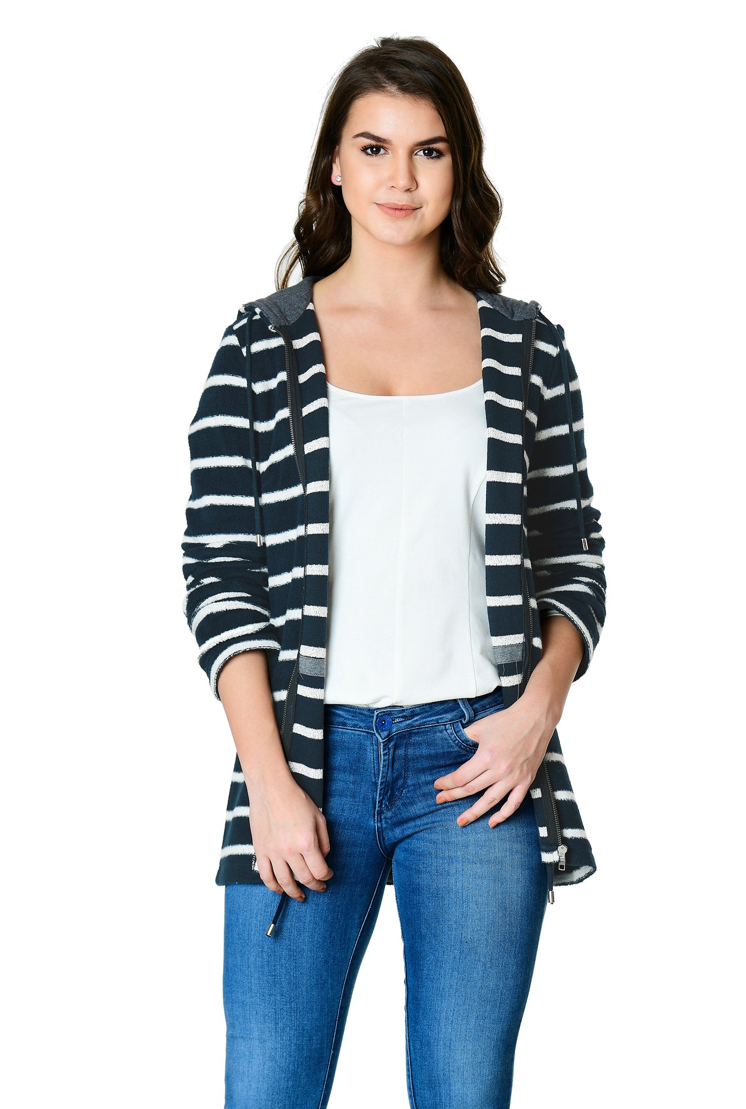 Shop Stripe fleece knit drawstring waist hoodie top | eShakti