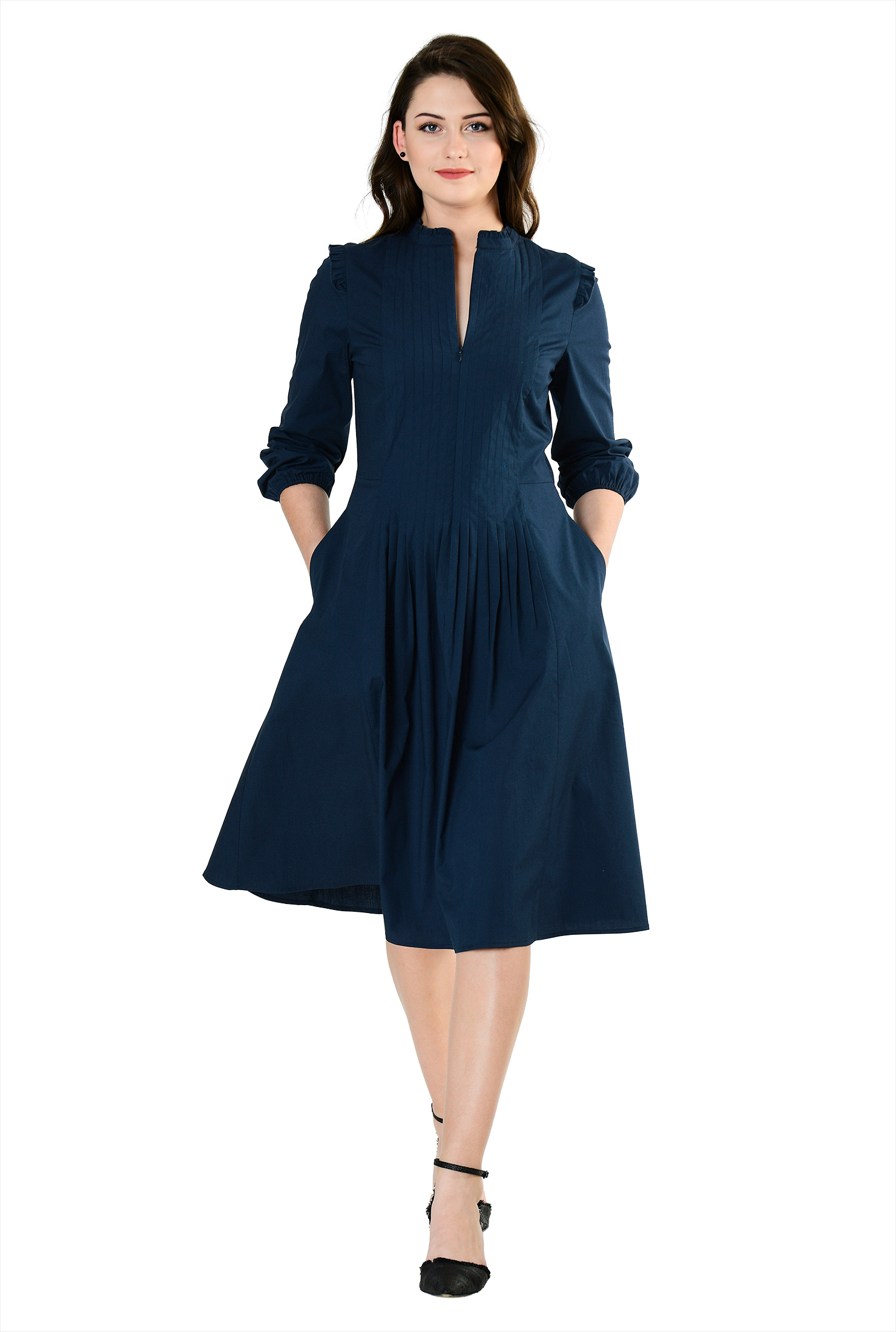 Shop Ruffle trim cotton poplin Aline dress eShakti