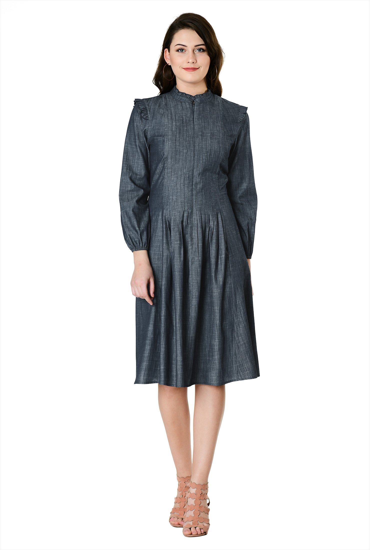 Shop Ruffle trim cotton chambray A-line dress | eShakti