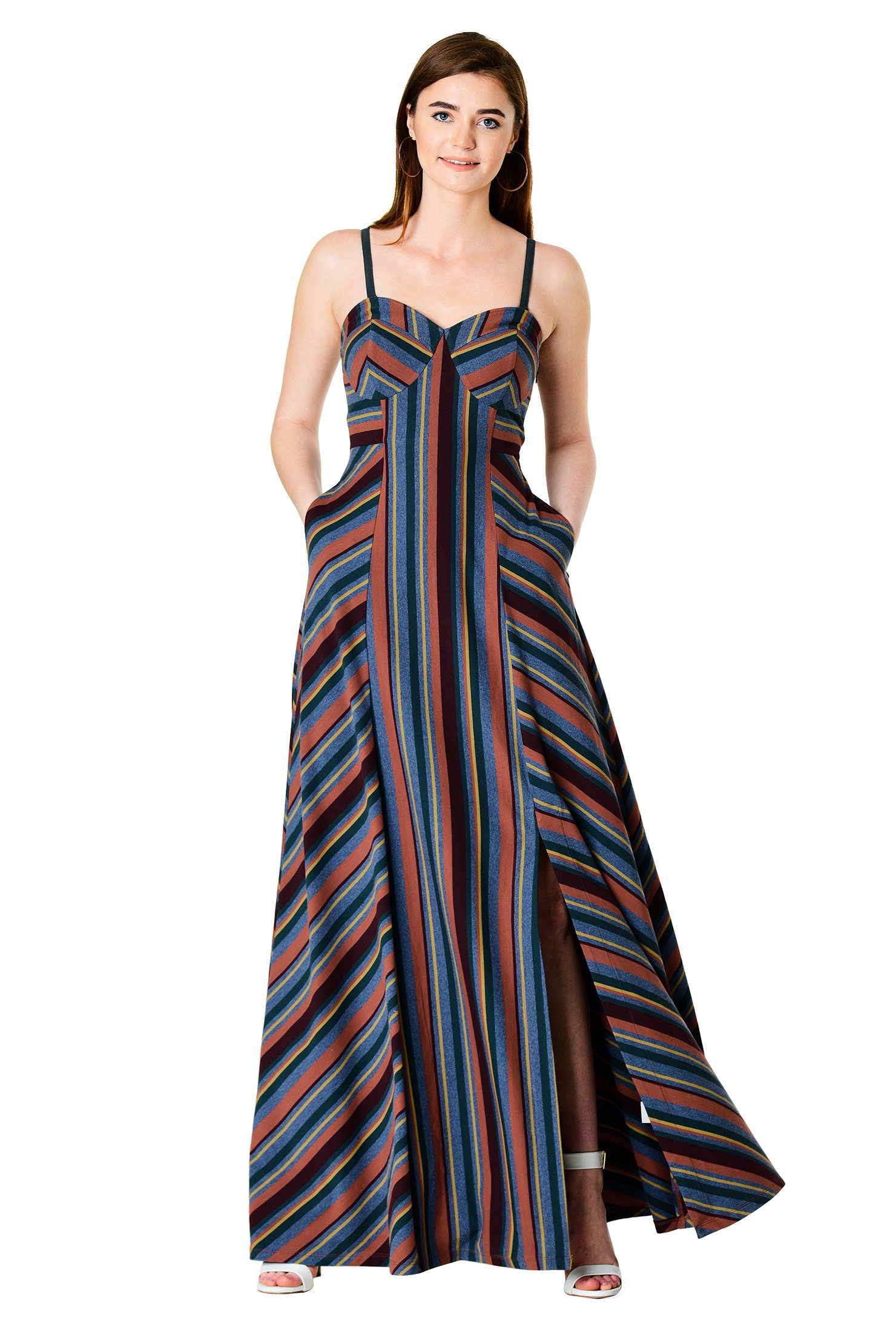 Shop Stripe cotton knit strapless maxi dress eShakti