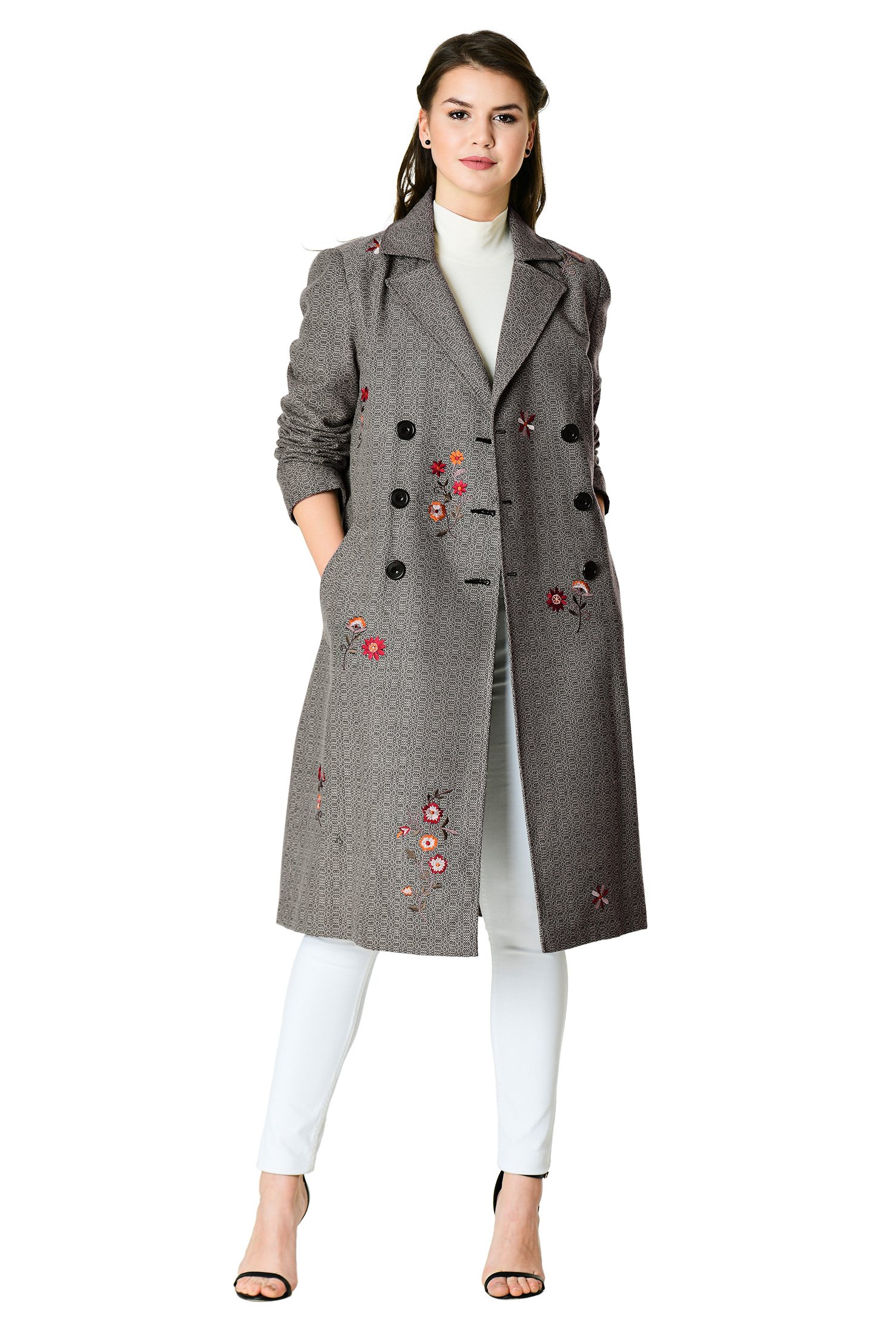 Shop Floral embellished wool blend jacquard trench coat | eShakti