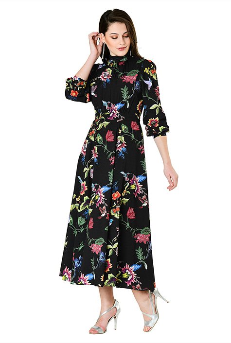Shop Ruched floral and bird print crepe midi dress | eShakti