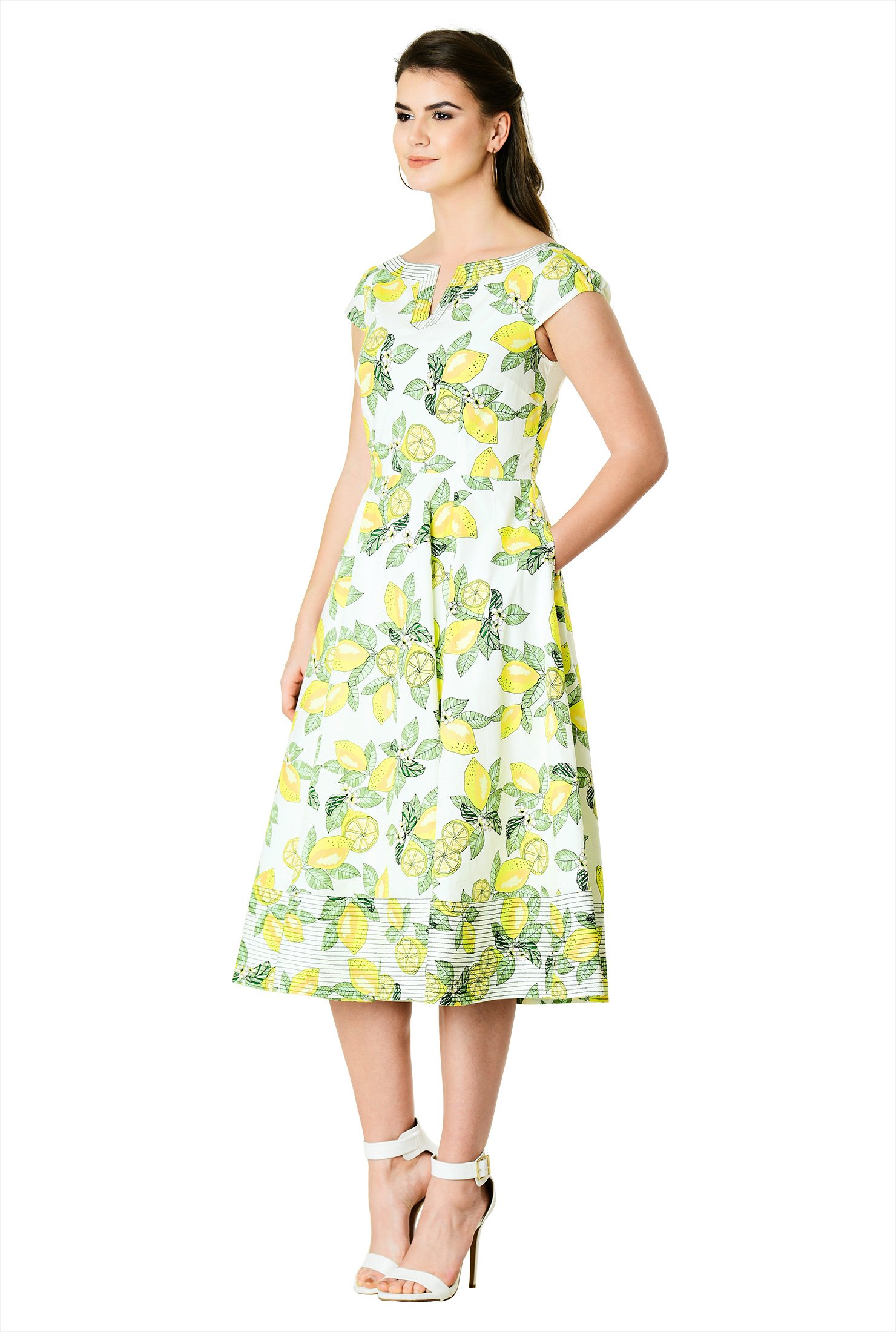 Shop Trapunto trim lemon print cotton dress | eShakti