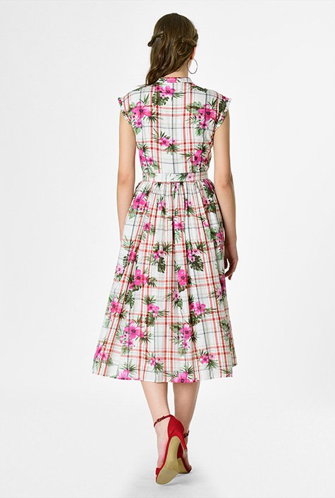 Shop Cotton check floral print ruffle trim shirtdress | eShakti