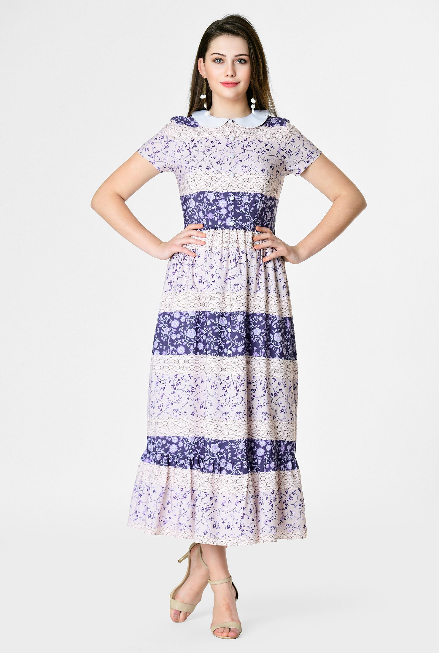 Shop Stripe floral vine print crepe collar dress | eShakti