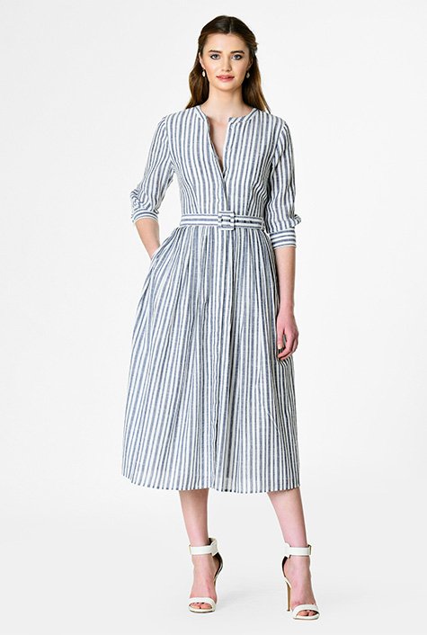 Shop Indigo stripe cotton voile belted shirtdress | eShakti