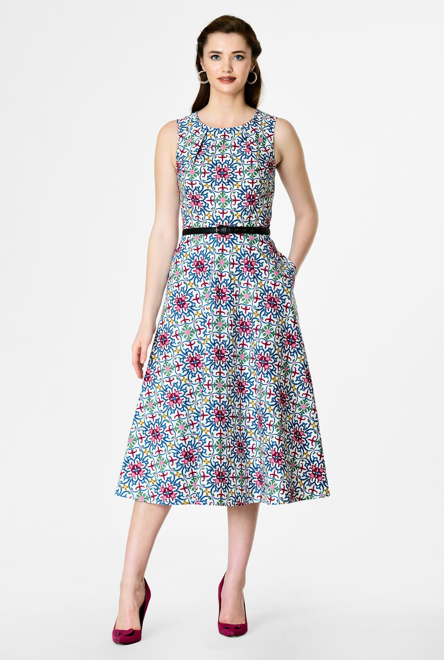 Shop Tile print belted cotton poplin dress | eShakti