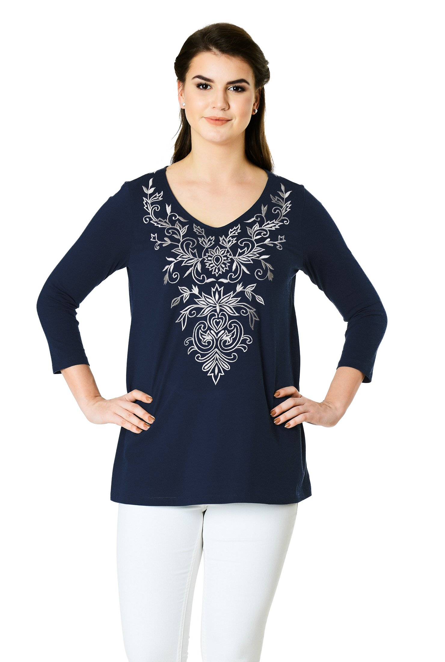 Shop Graphic floral embellished cotton knit top | eShakti