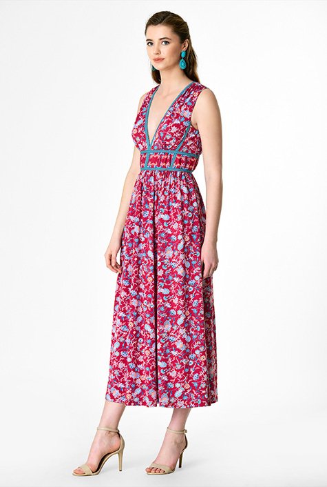 Shop Lace trim plunge floral print knit maxi dress | eShakti