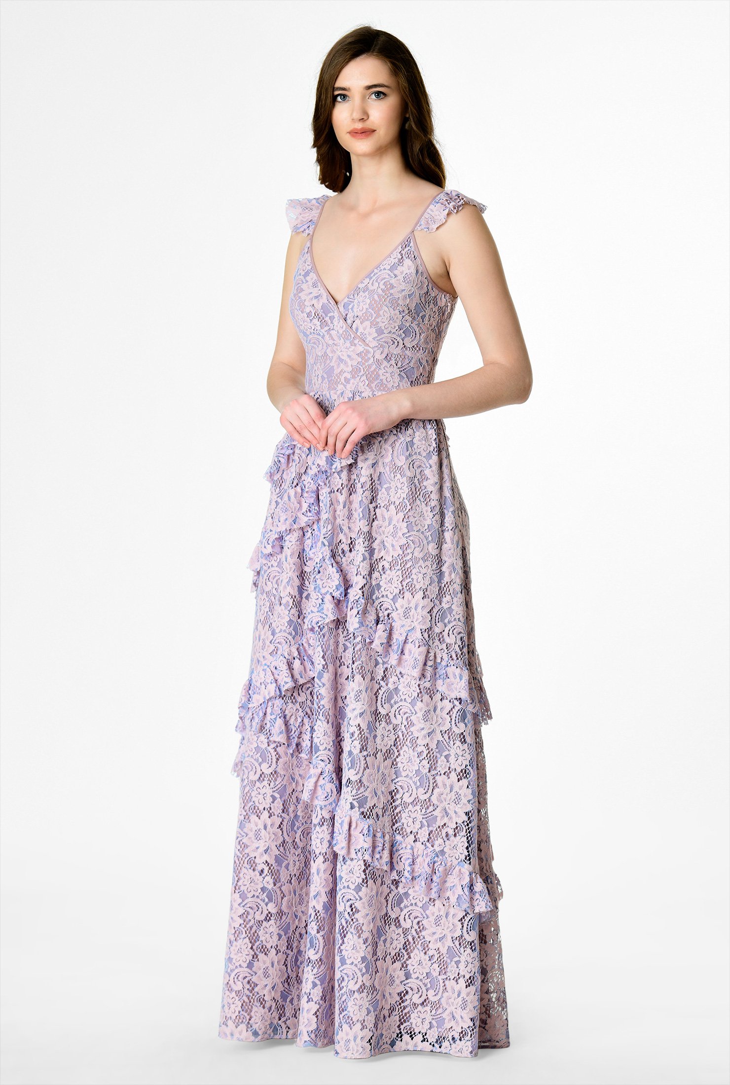 Shop Embellished floral lace ruffle maxi dress | eShakti