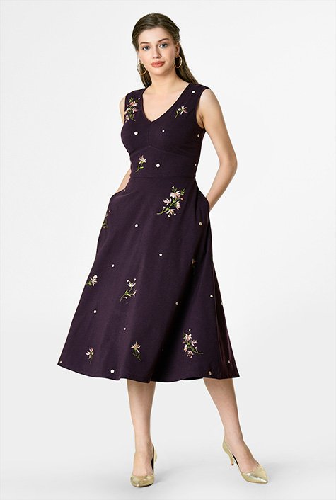 Shop Floral embellished cotton knit dress | eShakti