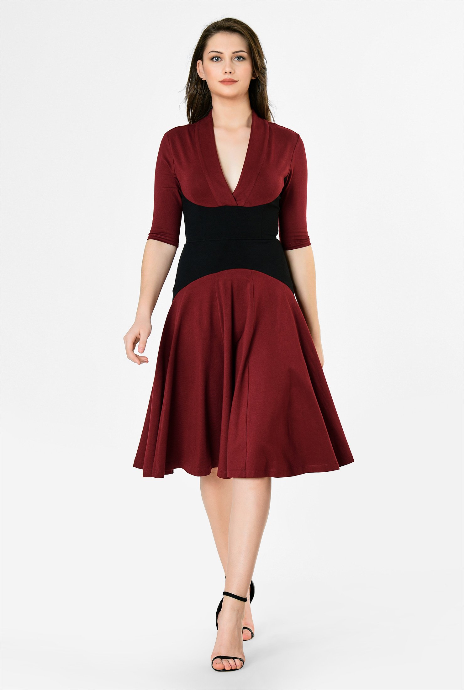 Shop Colorblock curved waist cotton knit dress | eShakti